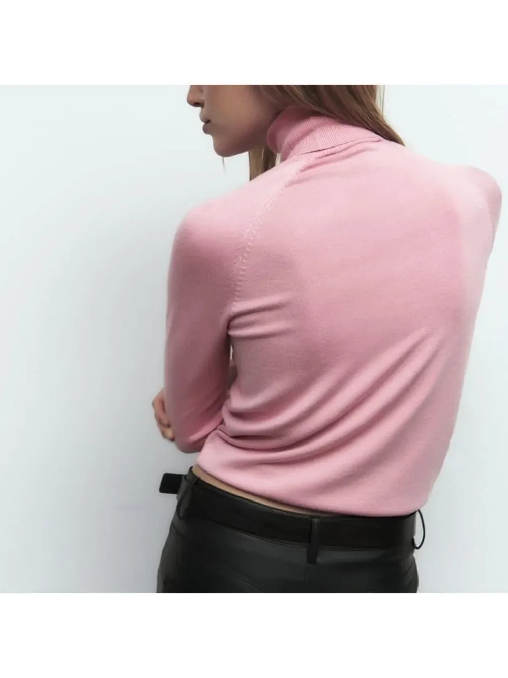 Zara High Collar Turtleneck Fine Ribbed Knit 3/4 Sleeve Sweater in Pink - Picture 2 of 14